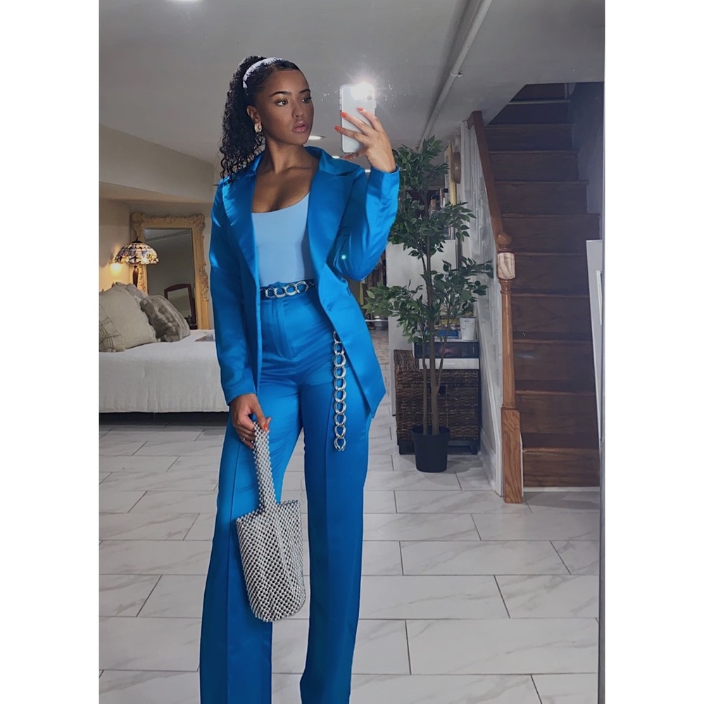 blue co ord satin belted suit set